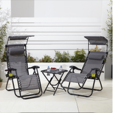 Neo 3pc Folding Portable Zero Gravity Chairs Sun Lounger Table Set Cup Holders Sun Visor Reclining Garden Patio Outdoor Camping